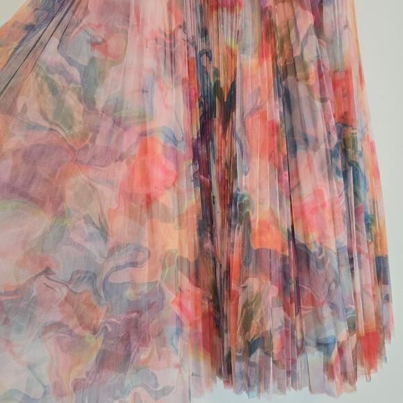 Hutch Coral Multi Swirl Strapless Pleated Fit Flare  Belted Midi Dress Sz 14 - Picture 6 of 12